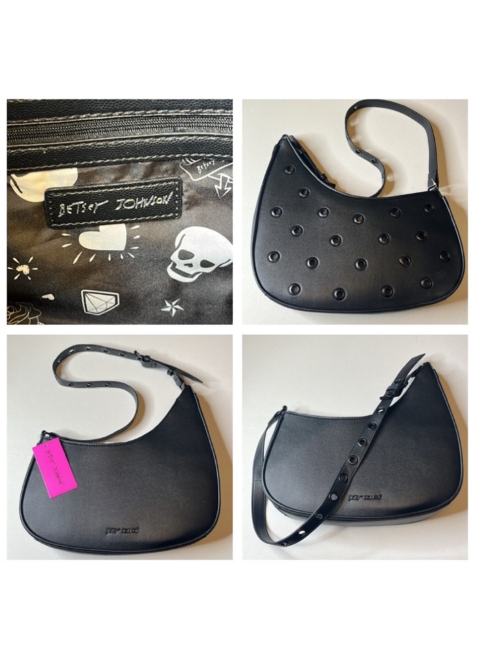 Betsey Johnson black skull rose diamonds and heart lining shoulder bag